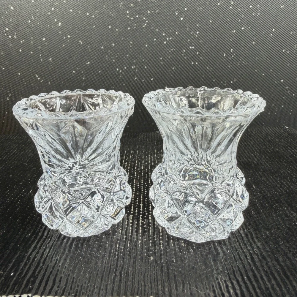 Bohemian Czech Crystal Toothpick Holders Set 2 Clear Diamond Cut Pineapple 2.5in